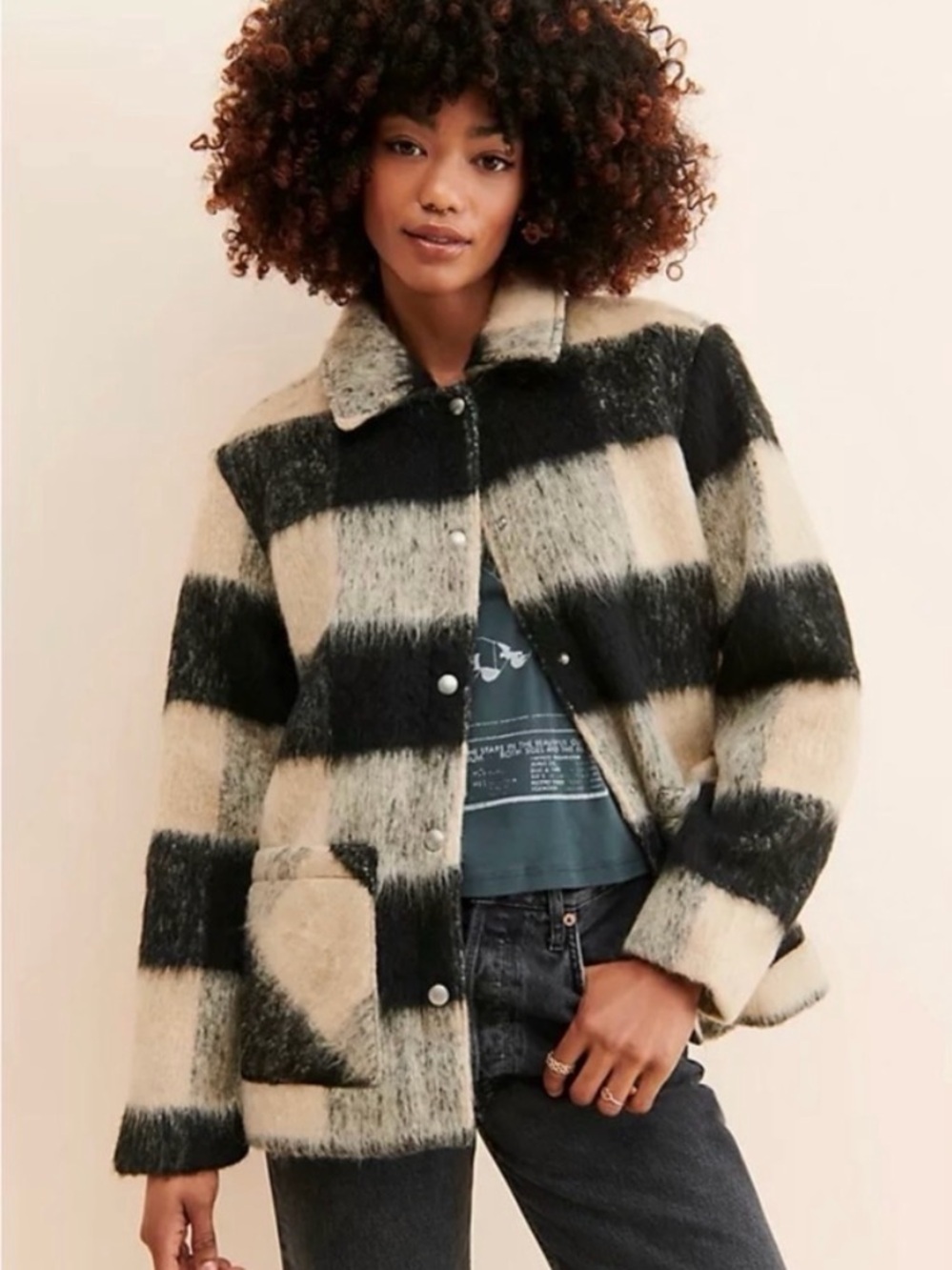 Blank NYC Black & Cream Plaid Faux Mohair Jacket
